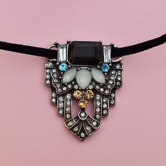 Blue crystal charm choker, thin black velvet lace choker necklace - Picture 3 of 4